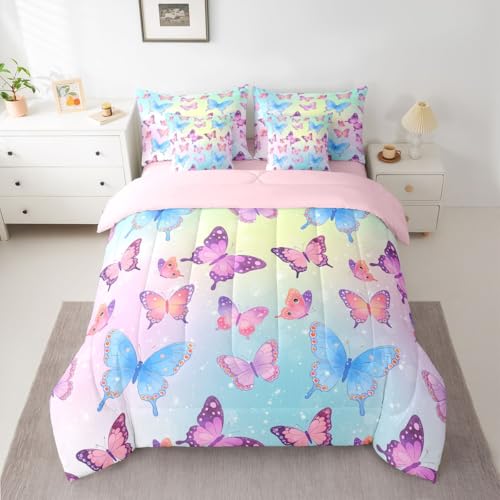 Image of Butterflies 7 Pieces Bedding Set Queen Size,Blue Purple Butterfly Bed in a Bag,Elegant Wildlife Bed Set Includes Comforter,Sheet Set,Pillowcases & Pillow Covers,Gradient Starry Bedroom Decor