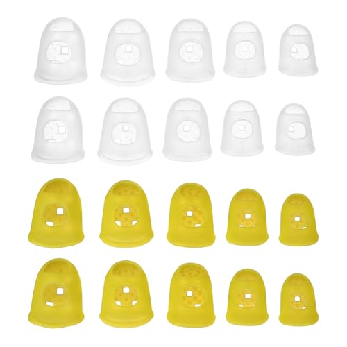 PATIKIL Rubber Finger Tips, 5 Sizes 20 Pcs Guitar Fingertip Protector Silicone Thimbles Knitting Accessories for Hand Sewing Paper Sorting Money Counting, Semi-Transparent/Yellow