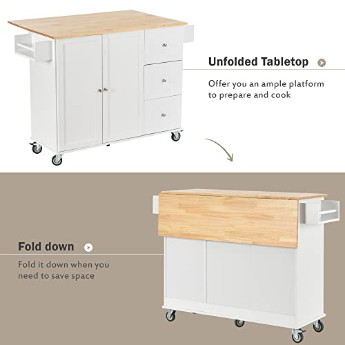 Rolling-Kitchen-Island-with-Solid-Wood-Top-and-Locking-Wheels-Mobile-Kitchen-Cart-with-Storage-Cabinet-and-Drop-Leaf-Breakfast-Bar-Spice-Rack-Towel-Rack-Drawer-White Rolling Kitchen Island with Solid Wood Top and Locking Wheels Mobile Kitchen Cart with Storage Cabinet and Drop Leaf Breakfast Bar Spice Rack Towel Rack Drawer White