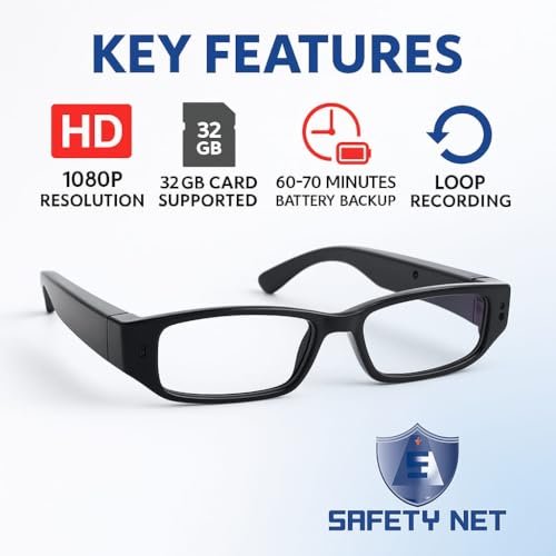 Image of SAFETYNET Smart Glasses Camera 1080P HD | Video & Audio Recording | 1Hr Fast Charging, 1Hr Use | Compact & Lightweight | Indoor Outdoor Use | 32GB Card Supported (Card Not Included)