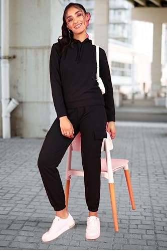 Image of POPWINGS Casual Self Design Solid Sweatshirt and Joggers Co-Ords Set for Women | Trendy Stylish Top and Bottom Set for Women | Women Hooded Sweatshirt and Joggers Set | Women Co Ords Set Summer Wear
