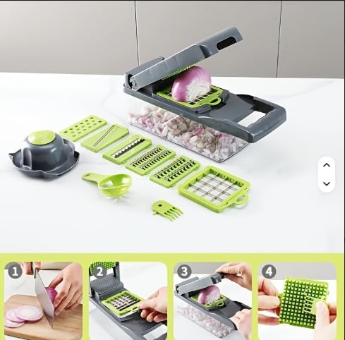 Miniatura 9 de Picador de verduras, picador de alimentos multifuncional 16 en 1, picador profesional de cebolla con 7 cuchillas, cortador de verduras con