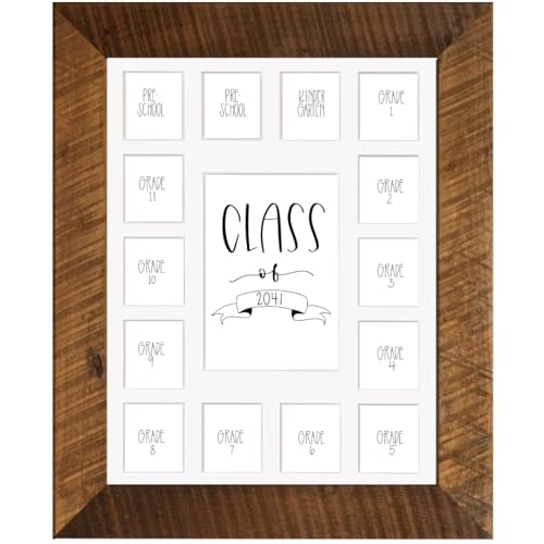 Image of Rustic Red Door Co. School Years Reclaimed Wood Picture Frame with Mat - 11x14 Wooden Framed 15 Photo Collage Mat Pre-School & Kindergarten to 12th Grade High School Graduation (Class of 2041, White)