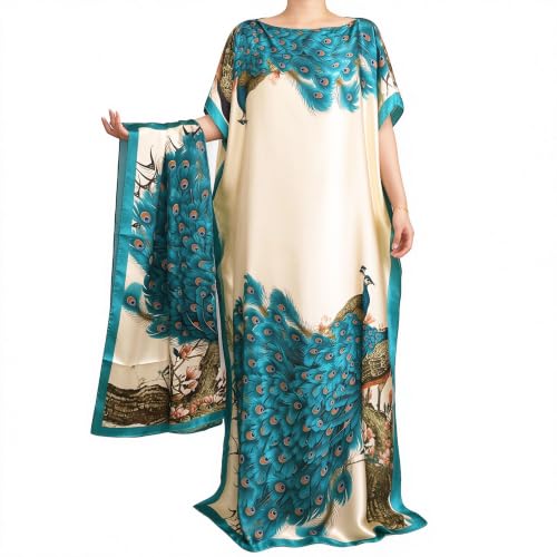 Women Kaftan & Scarf, Plus Size Caftan Moo Moo Dress with Scarf (Blue 1) | Moo Moo with Scarf, Silky Fabric, Boat Neck, Ethnic Maxi Dress, Boho Peacock Leopard Print, Swimsuit Cover Up, Beach Vacation - image 1