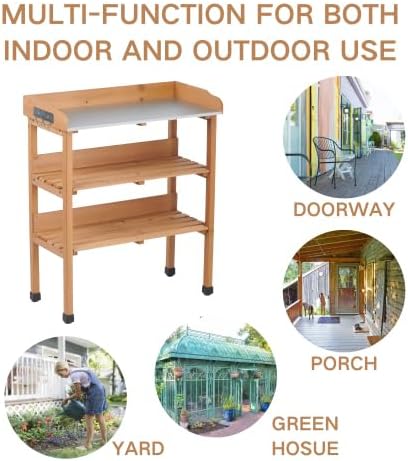 30″x14.5″×35.5″ Potting Table w/Metal Tabletop, 3 Layers Outdoor Work Bench w/Hook for Garden, Solid Wood Workstation for Garage