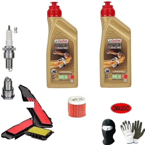 DESCRIZIONE E CARATTERISTICHE: - 2 litri di Olio CASTROL 4T 10W40 POWER 1 RACING SINTETICO (Lubrificante per motori 4 tempi con Tecnologia superior accelleration) - 1 Filtro olio aftermarket costruito utilizzando materiali di alta qualità e le specifiche soddisfano e superano le prestazioni in durata. - 1 Filtro aria composto da una parte solida, solitamente una guaina o comunque una struttura (che sorregge la parte filtrante),una parte filtrante costituita da materiale filtrante come spugne,