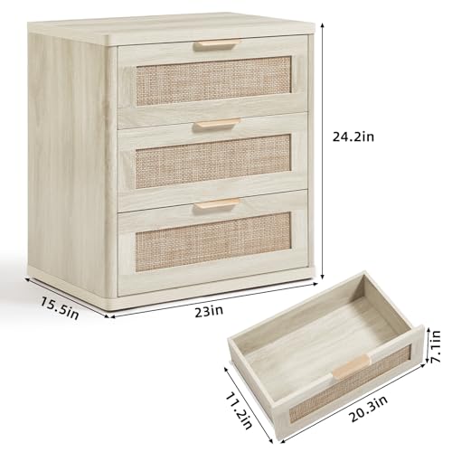 Image of LEYAOYAO Rattan Night Stand with Drawers, 23 inch Large 3 Drawer Boho Nightstand, Grey White Bedside Table Storage Cabinet, Bed Side End Tables Dresser for Bedroom, Living Room, Hallway, Closet