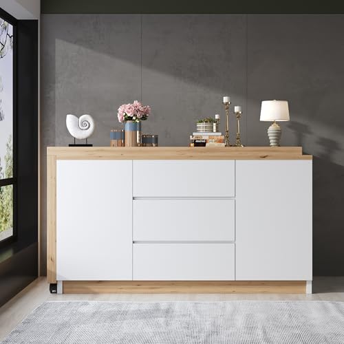Luxeza Schreibtisch mit feststellbaren Rollen – multifunktionales Design, 4 cm dickere, drehbare Tischplatte, fest arretierbar, Faltbarer,Eckschreibtisch, Sideboard,Dicke Materialie (weiß/Eiche2)