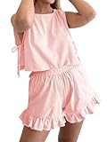 Sotimoon Womens Ruffle Short Sets 2 Piece Fashion Summer Side Tie Crop Tank Top and Shorts Cotton Beach Vacation Outfits