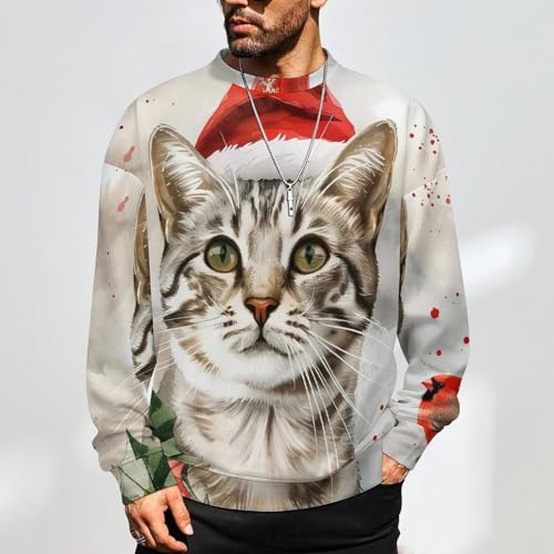 Mens Cat Christmas Crewneck Sweater Mens Crew Neck Sweaters Long Sleeve Funny Men's Pullover2