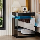 SKKTKT LED Nightstand - Bedside Table with Charging Station and 2 Mirrored Drawers Sliding Top with Magnetic Lock - Modern Night Stand for Bedroom & Living Room - Black