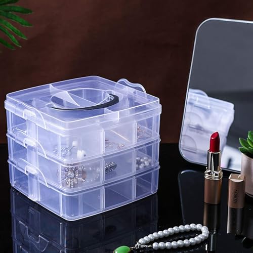 Image of UCRAVO 1 PCS 18 Grid Detachable Desktop Storage Box Transparent Plastic Storage Box, 3 Layers Jewelry Organizer Holder Cabinets for Small Objects DIY Desktop Organizer Holder Box (WHITE)