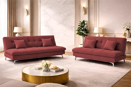 Image of Krancy Solid Wood 3 + 2 Seater Sofa Cum Bed with 2 Cushions | Convertible Wooden Couch for Living Room, Home & Office | Modern Designer Furniture | 3 Years Warranty | Maroon