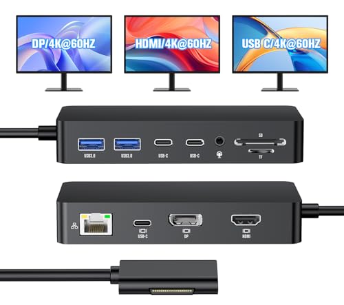 New Surface Docking Station, 12-in-1 Surface Dock 4K@60Hz Triple Display with HDMI, USB-C, DisplayPort for Surface Pro 11/10/9/8/X/7/6/5/4/3, Surface Laptop 7/6/5/4/3/2/1, Surface Book & Go