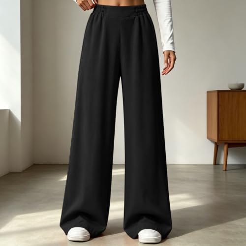 Wide Leg Pants For Women Flowy Palazzo Elastic Waist Trousers With Pockets - 1