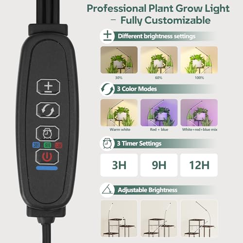 Image of Quikraen 8-Tier Brown Plant Stand with Grow Lights, 58.5 inch Tall Ultra-Narrow Corner Plant Shelf with 2-Head LED Grow Light & Hanging Hooks, Space-Saving Metal Flower Pot Holder Rack for Indoor Plants, Patio, Balcony