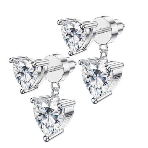 Image of Heart Moissanite Stud Earrings For Her, 2x0.5ct Studs with 2x1.5ct Pendants, Sterling Silver Jewelry, Gifts for Wife Girlfriend Mom Daughter Women