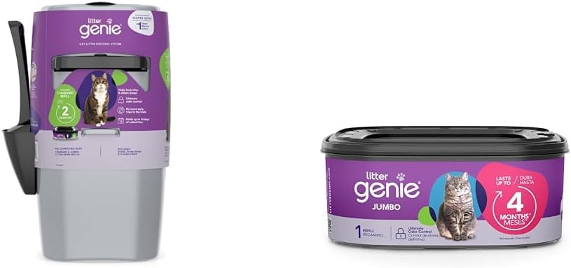Bundle of Litter Genie Standard Pail (Silver) & Jumbo Refill | Cat Litter Box Waste Disposal System for Odor Control with 1 Starter Refill (14ft) + 1 Jumbo Refill (28ft)