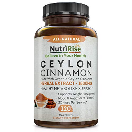 Ceylon Cinnamon 1800MG - Made with Organic Ceylon Cinnamon - 100% Pure Cinnamon Supplement for Powerful Antioxidant, Anti-Inflammatory & Blood Sugar Support - 90 Ceylon Cinnamon Capsules - Non-GMO