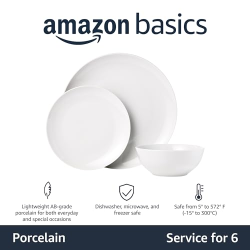 Amazon Basics 18-Piece Complete Kitchen Dinnerware Set, Microwave and Dishwasher Safe, Plates, Dishes, Bowls for Everyday Use, Service for 6, White Porcelain Coupe view 2