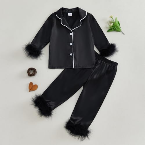 MAINESAKA Toddler Baby Girl Satin Pajamas Set Feather Trim Long Sleeve Button Down Tops Long Pants 2Pcs Pjs Sleepwear Outfits2