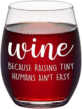 DAZLUTE Raising Tiny Humans Ain’t Easy Stemless Wine Glass, Mother’s Day Father’s Day Christmas Birthday Gag Gifts for Dad Mom New Parents Women Men from Kids Wife Husband, Funny 15Oz Wine Glass