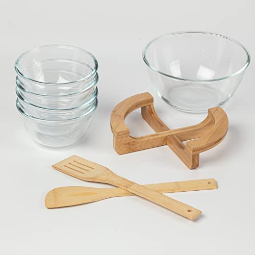 Kitchen Affections 5Pc Glass Salad Bowl Set With Serving Utensils And Bamboo Pedestal Base, Glass Reusable Dinnerware, Durable Glass Dinner Bowls, Glass Dinnerware Set, Eco Friendly Bowls #TOP3