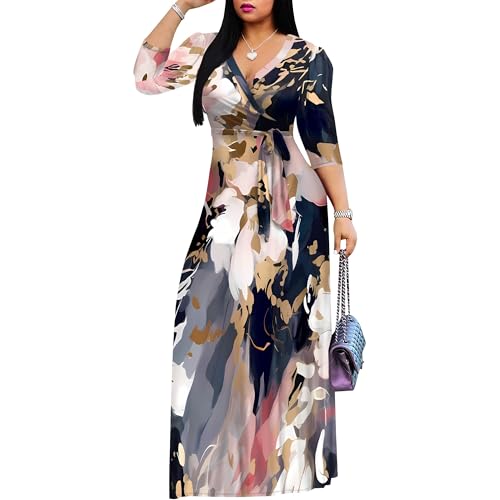 Image of Plus Size Maxi Dresses for Curvy Women Fall Church Dresses 3 /4 Sleeve African Print Dress