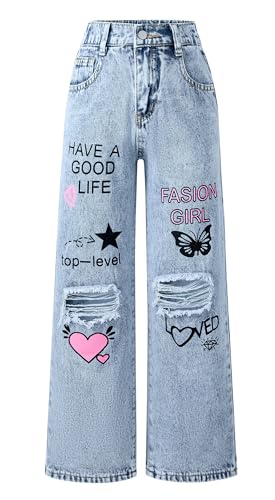 FEOYA Pantalon Patte d'elephant Enfant Fille 13-14 Ans Jeans Déchiré Ado Pants Décontracté...