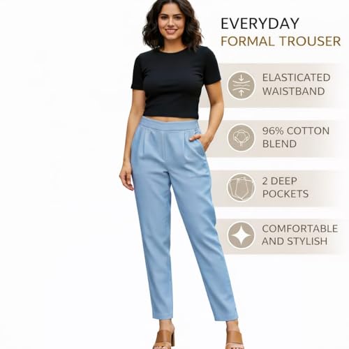 Image of DIGITAL SHOPEE Women Regular Fit Elastic Waist Full Length Cotton Formal Trouser for Casual Wear, Office Wear