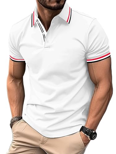 geeksport Men's Polo Shirt Short Sleeve Golf Polo Outdoor Breathable Tops for Mens Sports T-Shirt Work Tee White XXL