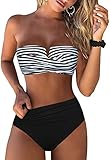 Hilor Women's Push Up Bikini Swimsuits Sexy Halter Bandeau Swimwear Two Piece Front Twist Bathing Suits Black Stripes 8