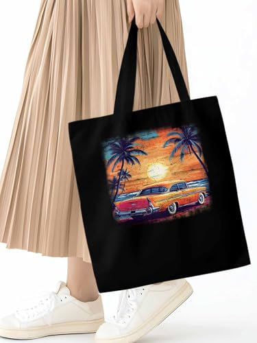Canvas Tote Bag, Beach Palm Tree Car Sunset Orange Sky Aesthetic Canvas Tote Handbags for Women Shoulder Bag,2