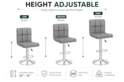 Image of Kemon KaiMeng Modern Adjustable Swivel Bar Stool Chair with Backrest, PU Leather Hydraulic Counter Stool with Footrest for Kitchen Island, Cafe & Home Bar, Grey, Square Tufted Back Stool