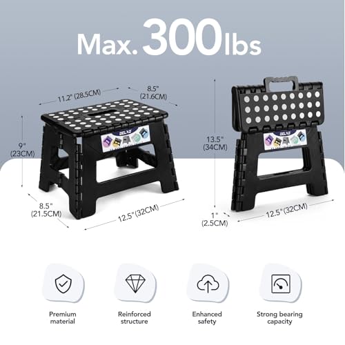 Image of Delxo 9 Inch Folding Step Stool, Black Step Stools for Kids Foldable,Portable Collapsible Step Stool with Handle, Folding Stool for Kitchen Bathroom,Bedroom,Garden