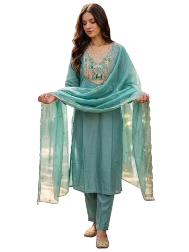 Image of INDO ERA Solid Straight Pure Cotton Kurta with Pant & Dupatta Set for Women