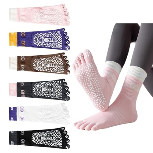 MACEFIL 6 Pairs Non Slip Toe Socks for Women, Medium-Large, Colorful, Cotton, Crew Length, 6 Count