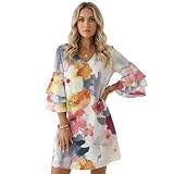 Vestido Midi Boho para Mujer con Cuello en V y Mangas 3/4 Vestido Floral de Verano cómodo Mezcla de algodón Mini Vestidos Casuales, Verano Corto