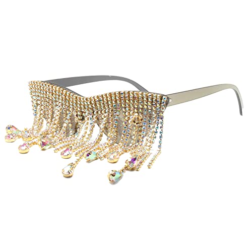 Colorful Tassel Cat Eye Sunglasses Rimless Men Women 90s Disco Sunglasses Oversized One-Piece Sunglasses With Rhinestones4