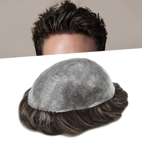 Toupee for Men Hairpiece Human Hair Replacement Full Poly Soft Hair Piece System for Men Injected PU Durable Skin Mens Wig #310 Dark Brown+10% Gray