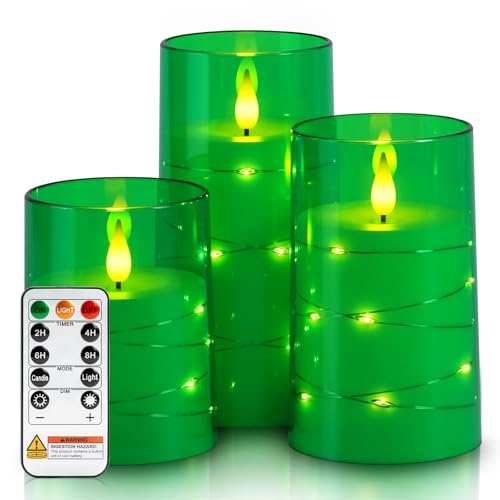 Homemory Flameless Candles with Embedded Star String Fairy Lights, Battery Operated Candles, LED Candle, Fake Candles with Remote Control and Timer, Green, Set of 3(H 4 5 6”)