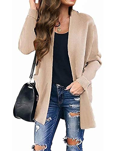 MEROKEETY Women's Open Front Leopard Knit Cardigan Sweaters Pockets Long Sleeve Outwear, B-SolidKhaki, M