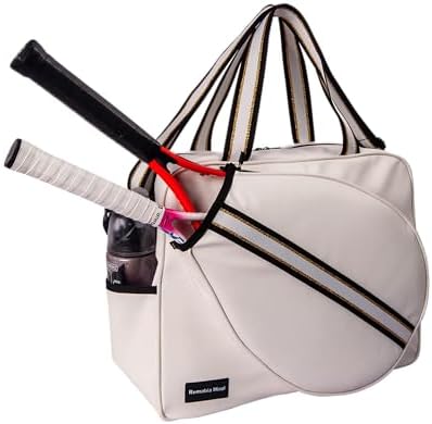 Remobia Hicol White PU Leather Women Large Sports Handbag Tennis Racket Shoulder Bag Tennis Tote Bag for 2 Rackets, with Water Bottle Holder