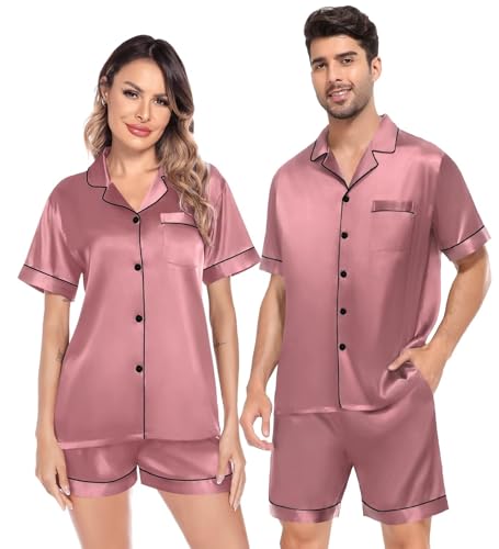Image of SWOMOG Satin Matching Pajamas Sets Couple Silk Button Down Nightwear Men & Women Short Sleeve Sleepwear 2 Pieces Loungewear Misty Rose
