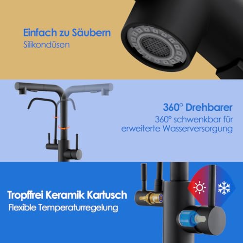 ROVOGO 3 Wege Wasserhahn Küche mit Filter, Küchenarmatur Schwarz Hochdruck mit Herausziehbare Dual-Spülbrause, 360° Schwenkbar Spültischarmatur Doppelhebel, Edelstahl 304 Mischbatterie Küche L-Auslauf