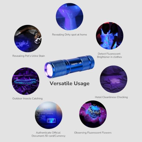 Image of Lepro 365nm UV Flashlight, Small Portable Black Light Detector for Invisible Ink Pens, Dog Cat Pet Urine Stain, AAA Batteries Included, 2 Pack