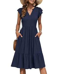 PLMOKEN Sommerkleid Damen Midi V-Ausschnitt A-Linie Kleider Kurzarm Rüschen Ärmel Lockeres Freizeitkleid Mit Taschen