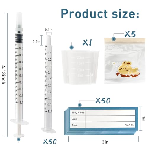 Kid2Kit 50 Sets 1mL Colostrum Syringes with Caps, Colostrum Collector Kit Include 50pcs 1mL Sterile Syringes, 1 Measuring Cup, 5 Storage Bags, 50 Labels