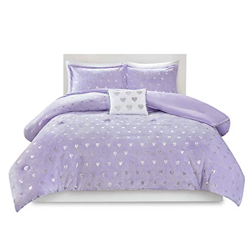 Mi Zone Rosalie Comforter Set For Girls, Ultra-Soft Microlight Plush Metallic Printed Hearts Brushed Reverse Overfilled Down Alternative Hypoallergenic All Season, Full/Queen, Purple/Silver, 4 Piece #TOP6