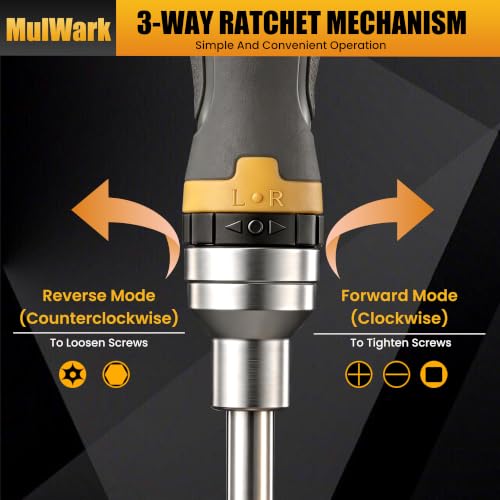 Image of Mulwark 16-in-1 Ratcheting Multi-Bit Screwdriver Set, S2 Steel Screwdriver with 1 /4 inch & 5 /16 inch Nut Drivers, Nickel Coated Anti-Rust screw driver, Max Torque Soft Handle for Home Repair & DIY